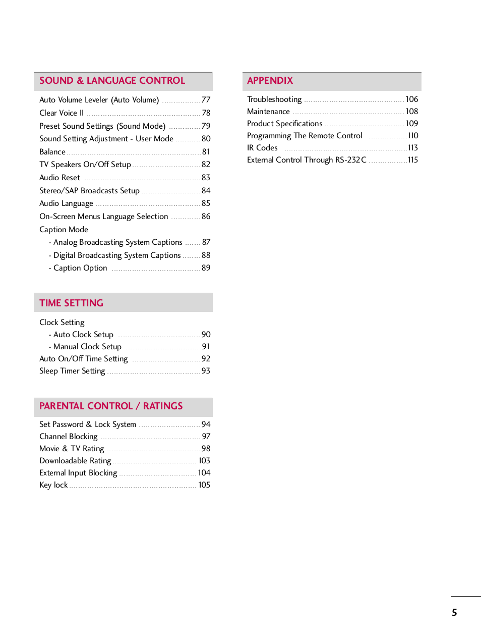 5sound & language control, Time setting, Parental control / ratings | Appendix | LG 42PQ30C User Manual | Page 9 / 371
