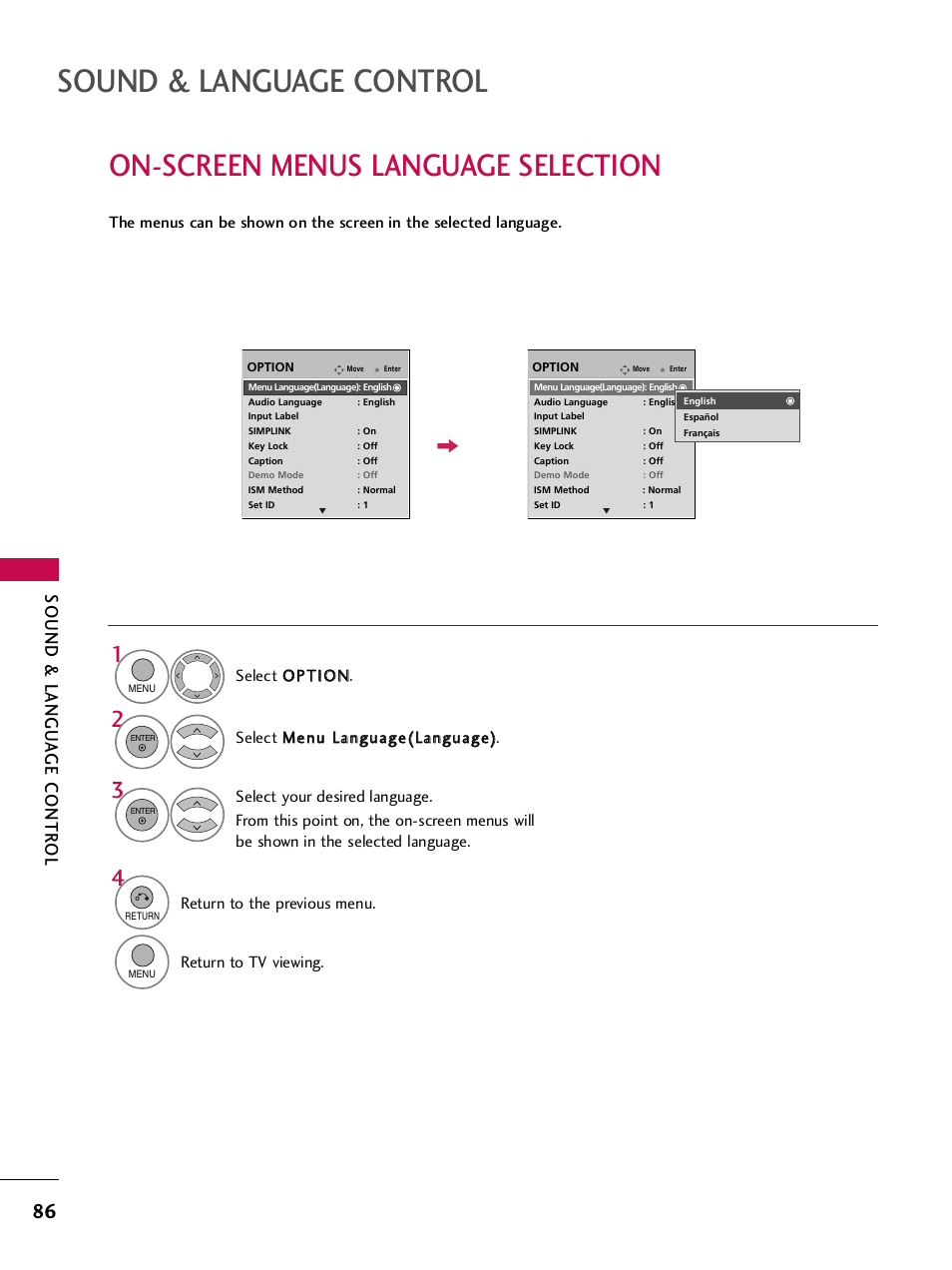 On-screen menus language selection, Sound & language control, Sound & langu a ge contr ol | LG 42PQ30C User Manual | Page 90 / 371