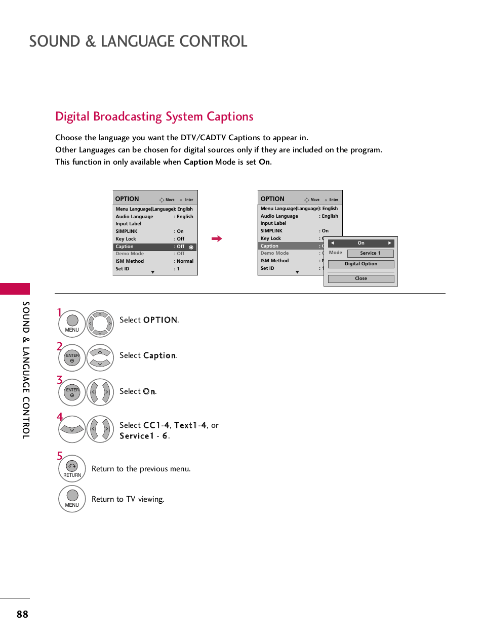 Digital broadcasting system captions, Sound & language control, Sound & langu a ge contr ol | LG 42PQ30C User Manual | Page 92 / 371