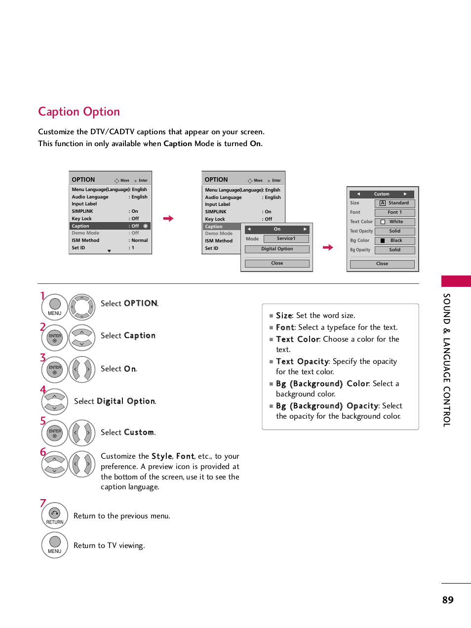 Caption option, Sound & langu a ge contr ol | LG 42PQ30C User Manual | Page 93 / 371