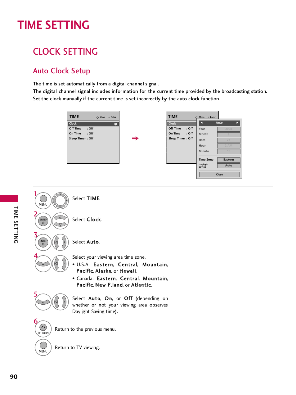 Time setting, Clock setting, Auto clock setup | LG 42PQ30C User Manual | Page 94 / 371