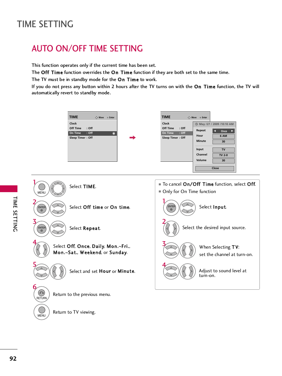 Auto on/off time setting, Time setting | LG 42PQ30C User Manual | Page 96 / 371