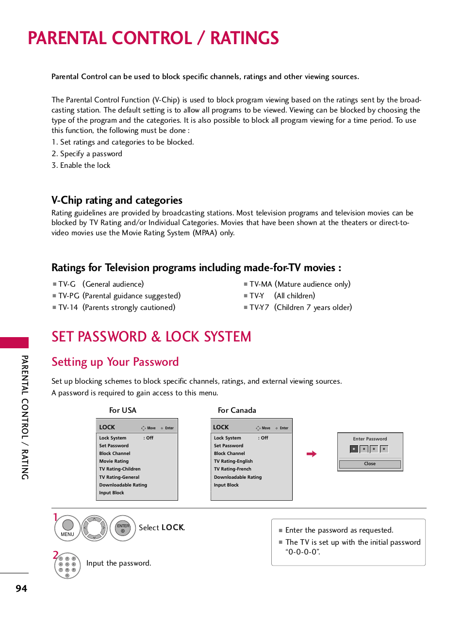 Parental control / ratings, Set password & lock system, Setting up your password | V-chip rating and categories, Parent al contr ol / r a ting | LG 42PQ30C User Manual | Page 98 / 371