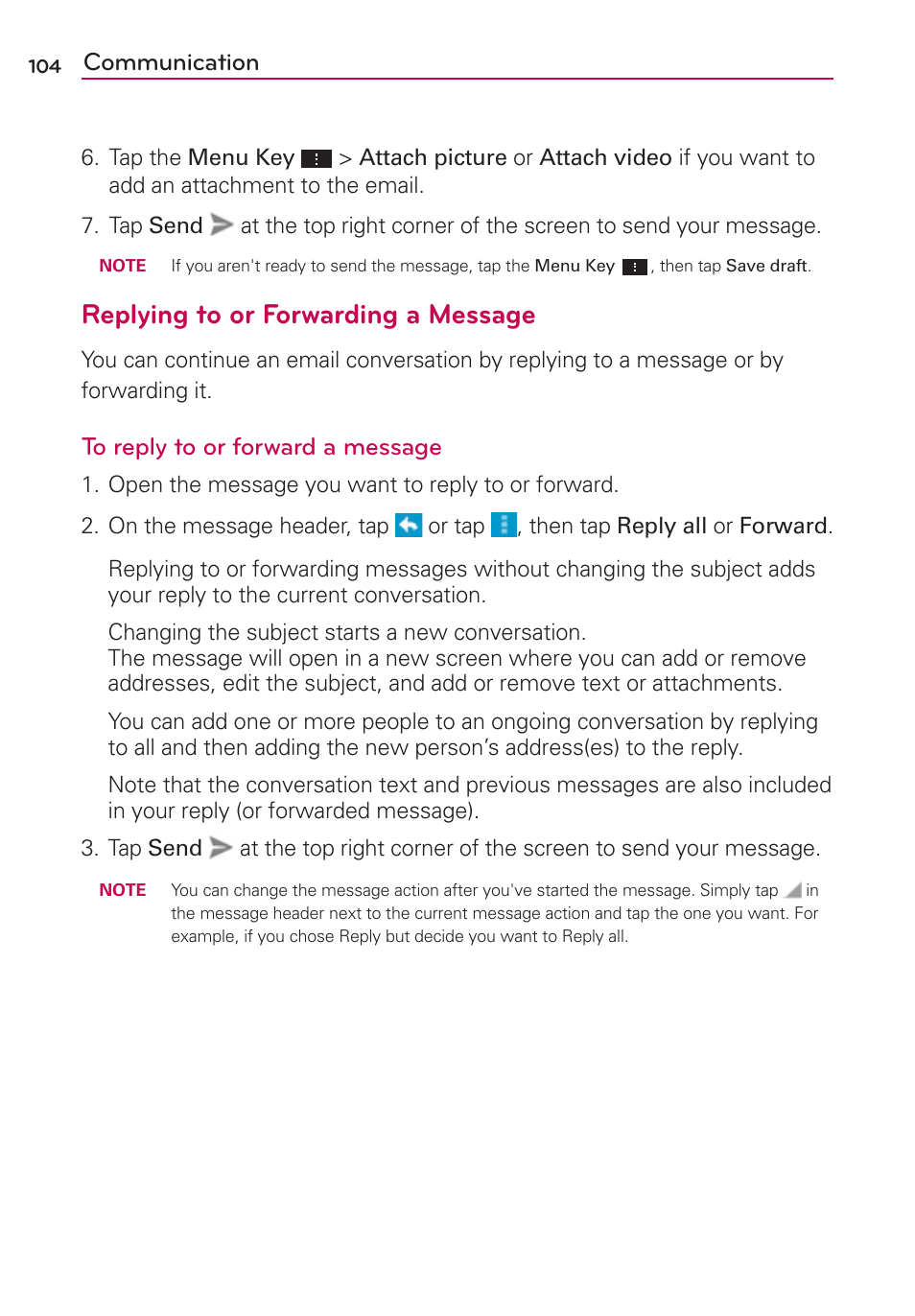 Replying to or forwarding a message, Communication | LG VS930 User Manual | Page 106 / 198