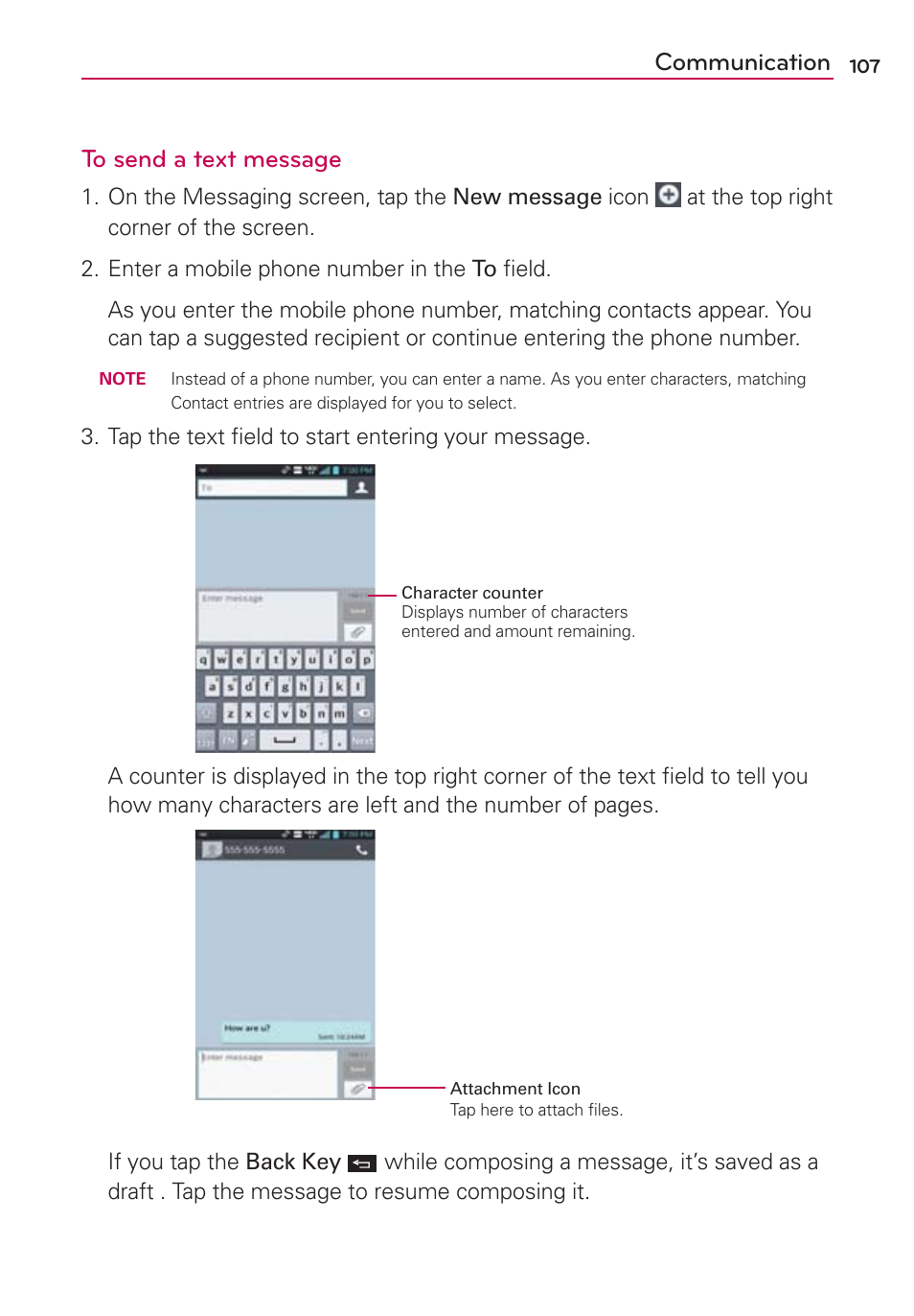 Communication to send a text message | LG VS930 User Manual | Page 109 / 198