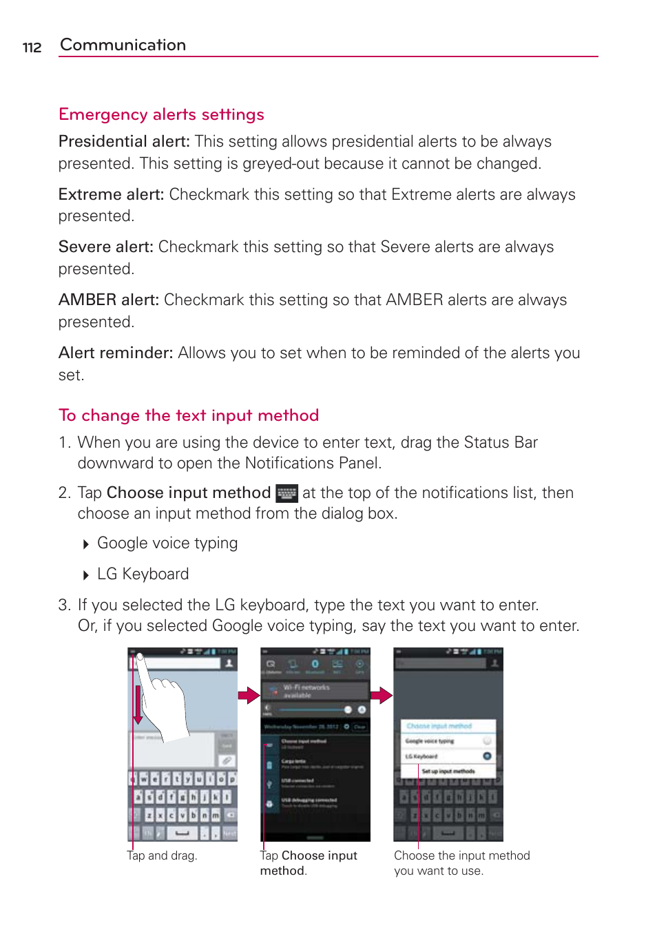 Communication emergency alerts settings | LG VS930 User Manual | Page 114 / 198