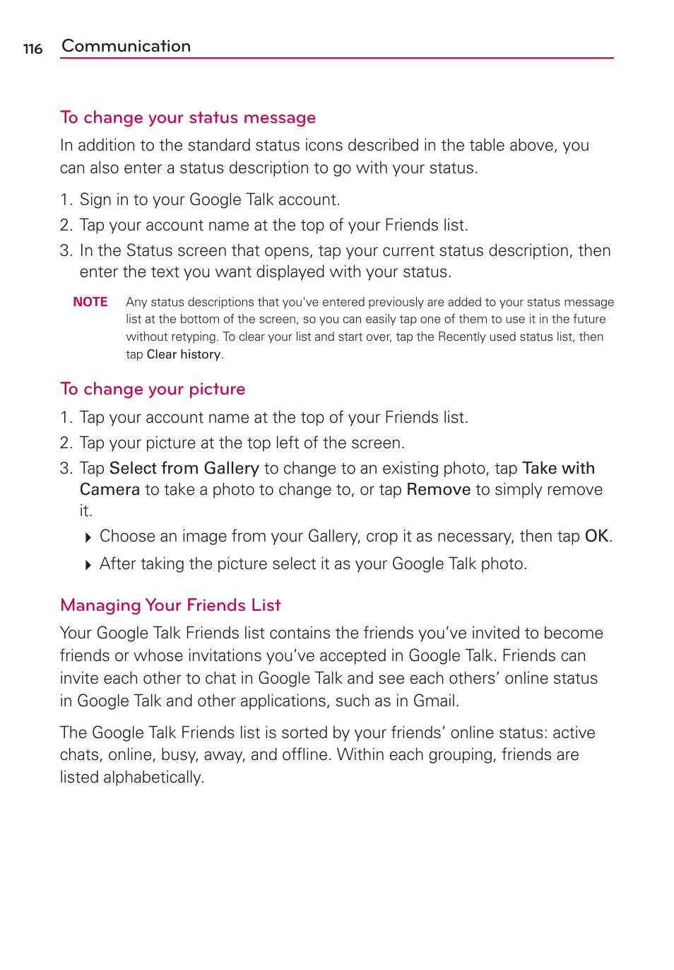 Communication to change your status message, Managing your friends list | LG VS930 User Manual | Page 118 / 198