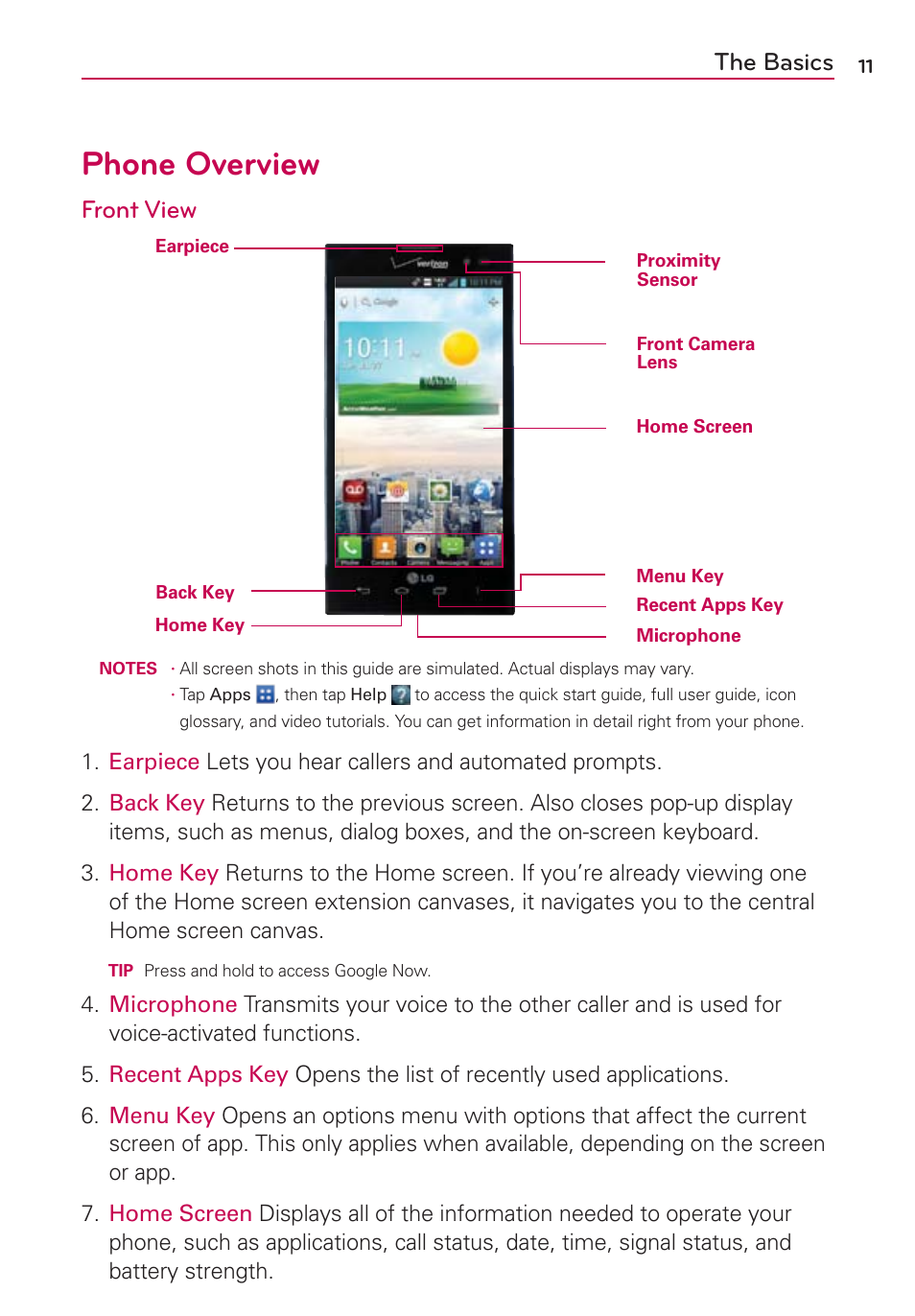 The basics, Phone overview, Front view | LG VS930 User Manual | Page 13 / 198