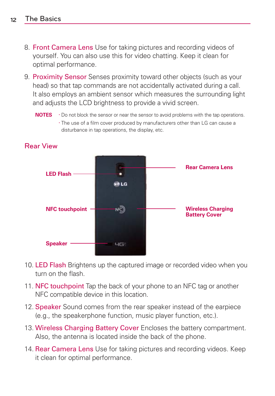 The basics, Rear view | LG VS930 User Manual | Page 14 / 198