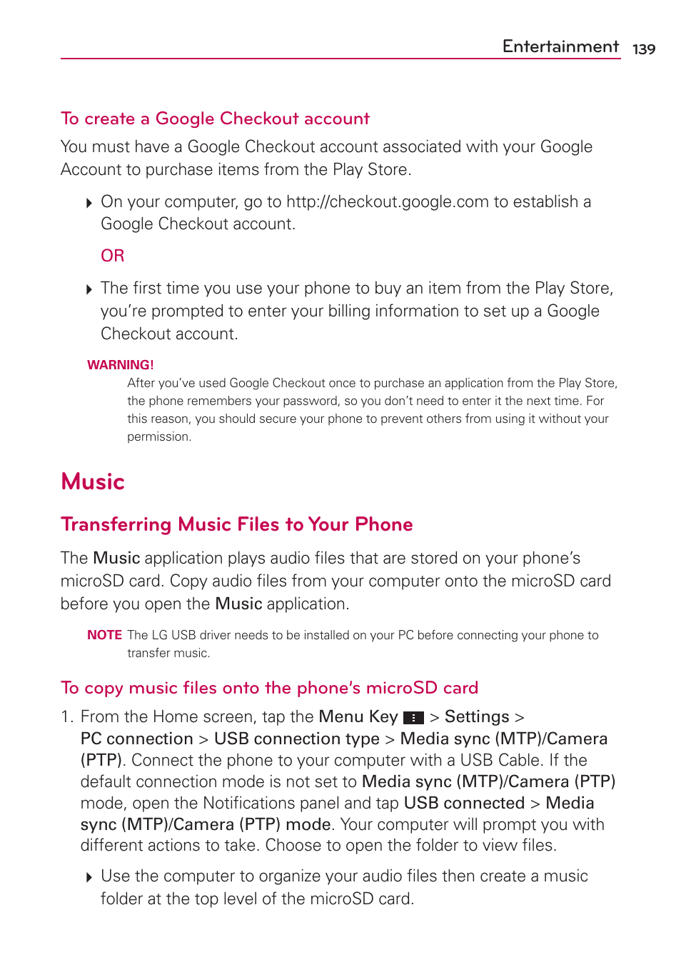 Music, 5sbotgfssjoh.vtjd'jmftup:pvs1ipof, Entertainment to create a google checkout account | LG VS930 User Manual | Page 141 / 198