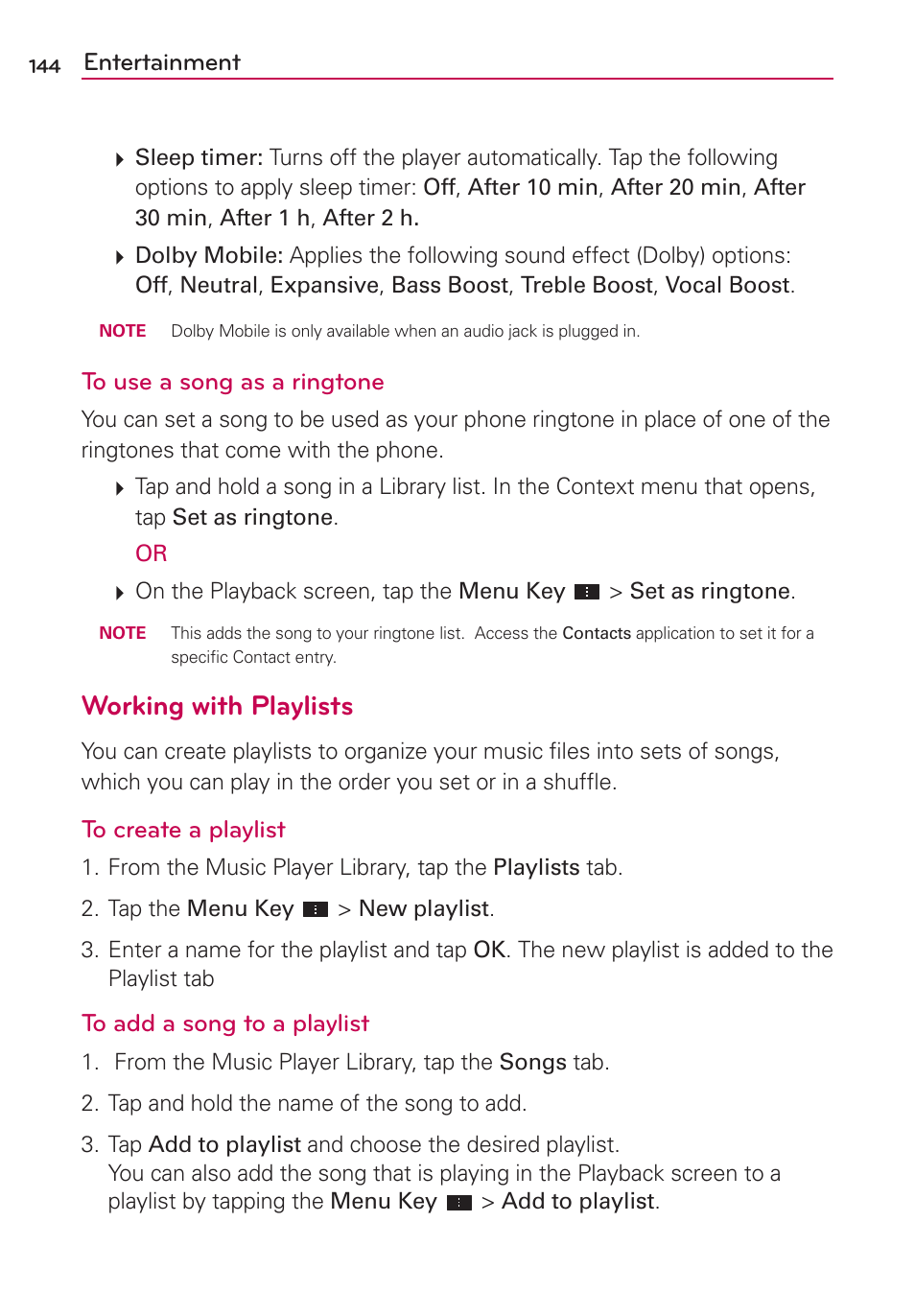 Working with playlists, Entertainment | LG VS930 User Manual | Page 146 / 198