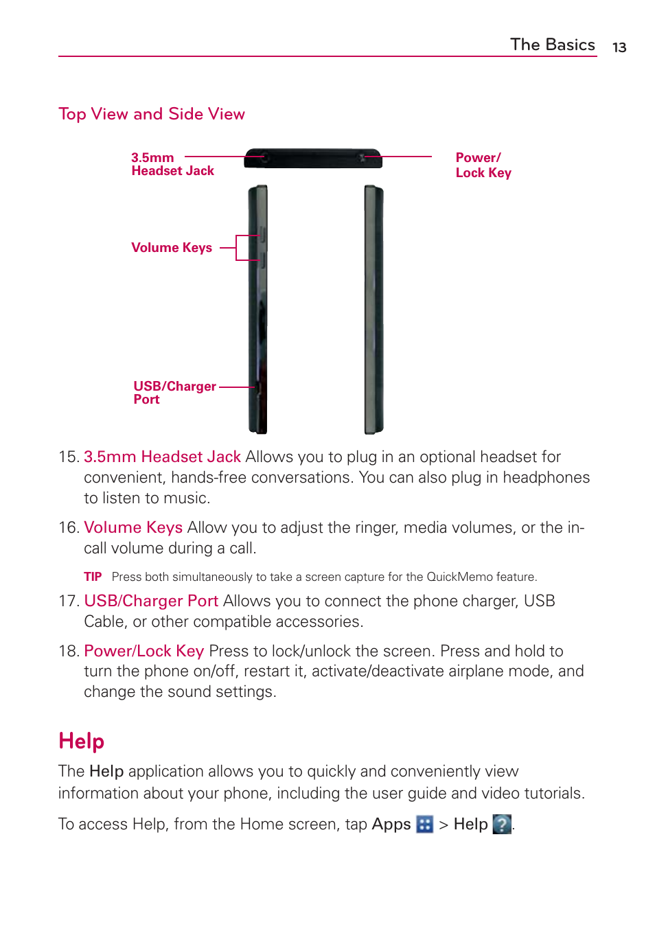 Help, The basics top view and side view | LG VS930 User Manual | Page 15 / 198