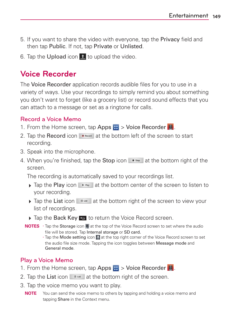 Voice recorder, Entertainment | LG VS930 User Manual | Page 151 / 198