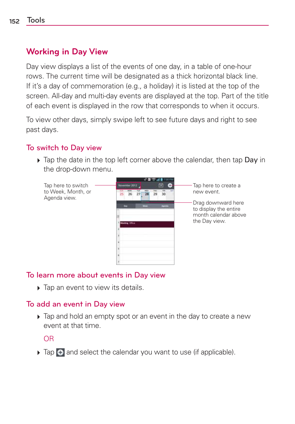 Working in day view | LG VS930 User Manual | Page 154 / 198