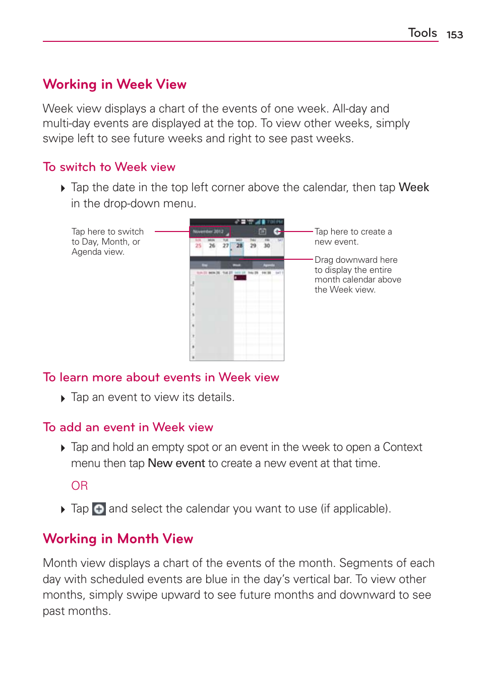 Working in week view, Working in month view | LG VS930 User Manual | Page 155 / 198