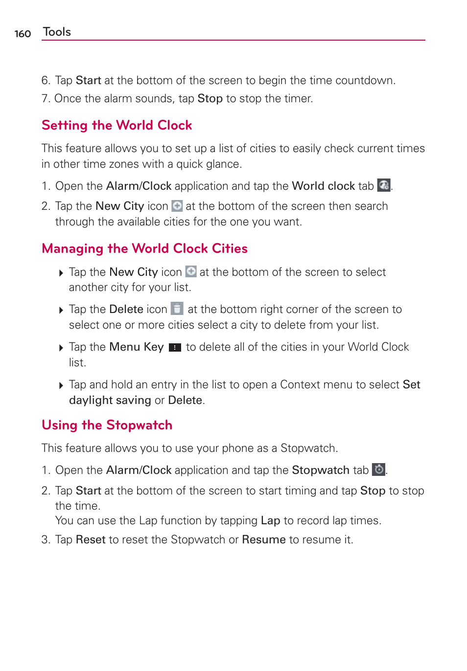 Setting the world clock, Managing the world clock cities, 6tjohuif4upqxbudi | LG VS930 User Manual | Page 162 / 198