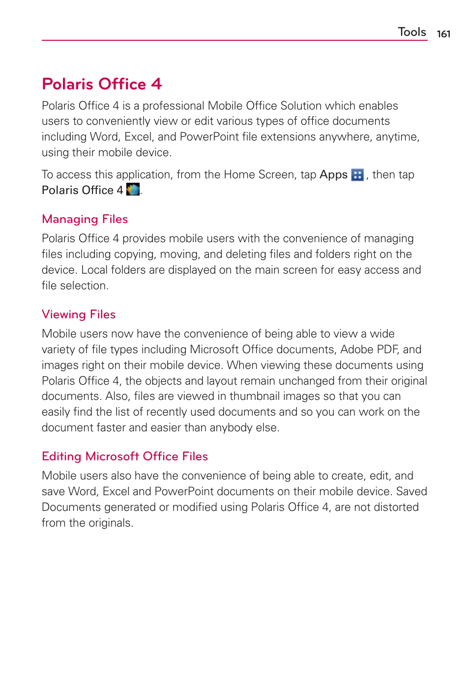 Polaris office 4, Polaris ofﬁce 4 | LG VS930 User Manual | Page 163 / 198