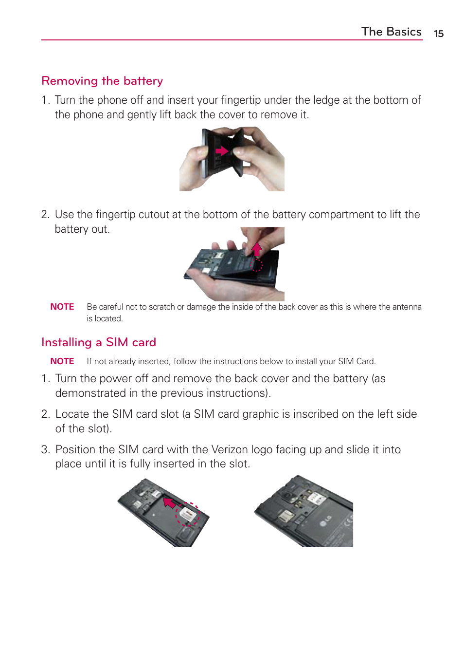 The basics removing the battery, Installing a sim card | LG VS930 User Manual | Page 17 / 198