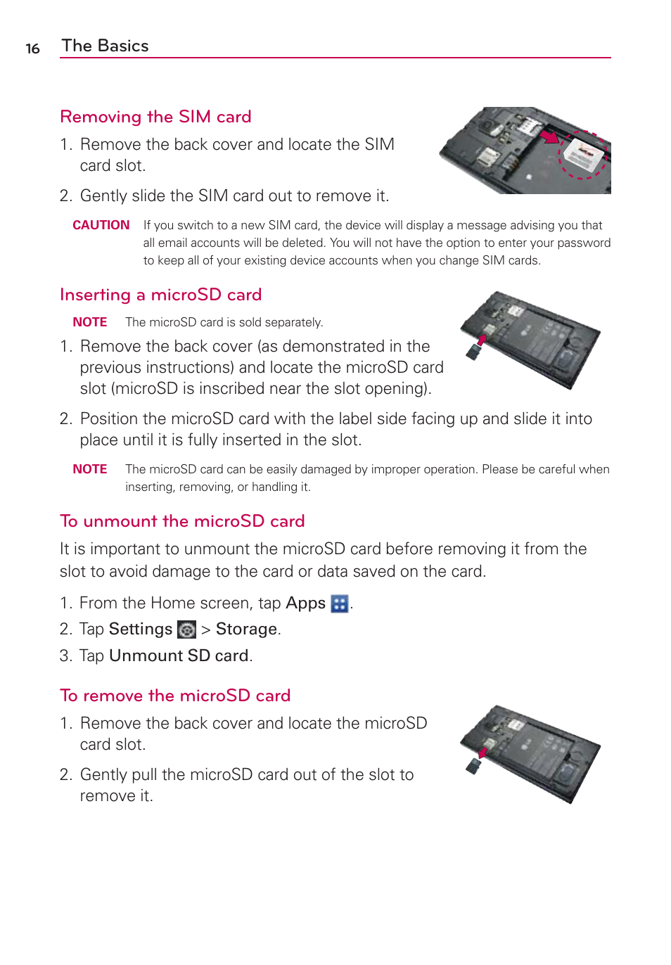 The basics removing the sim card, Inserting a microsd card | LG VS930 User Manual | Page 18 / 198