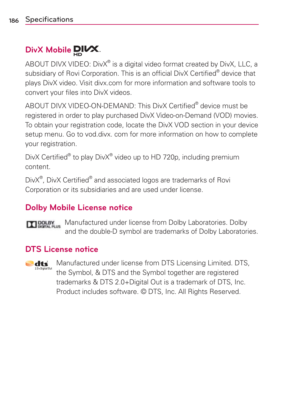 Specifications, Speciﬁcations, Jw9.pcjmf | Dolby mobile license notice, Dts license notice | LG VS930 User Manual | Page 188 / 198