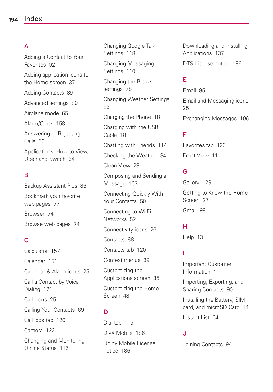 Index | LG VS930 User Manual | Page 196 / 198