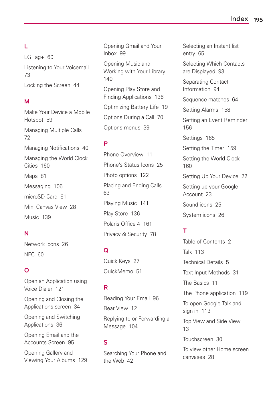 Index | LG VS930 User Manual | Page 197 / 198