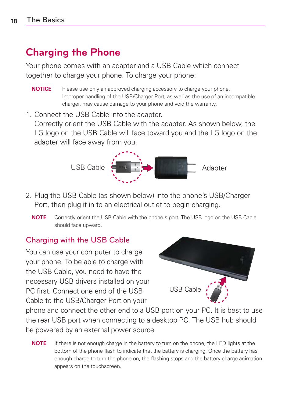 Charging the phone, The basics, Charging with the usb cable | LG VS930 User Manual | Page 20 / 198