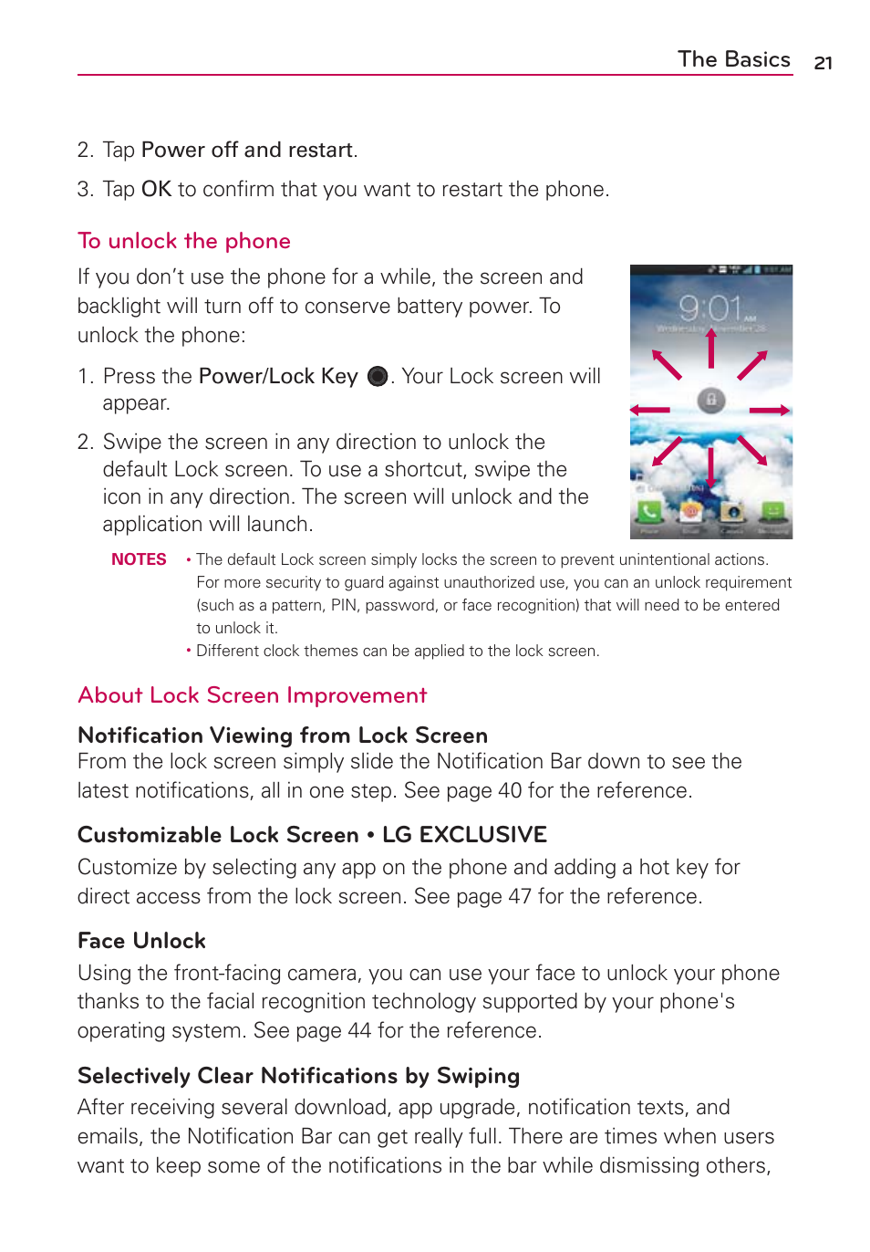 The basics, Bdf6ompdl, Selectively clear notiﬁcations by swiping | LG VS930 User Manual | Page 23 / 198