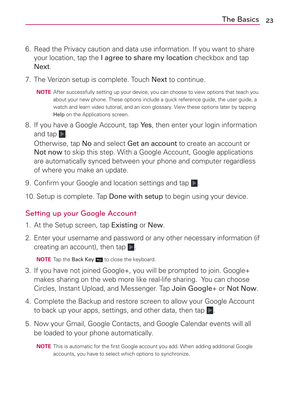 The basics, Setting up your google account | LG VS930 User Manual | Page 25 / 198