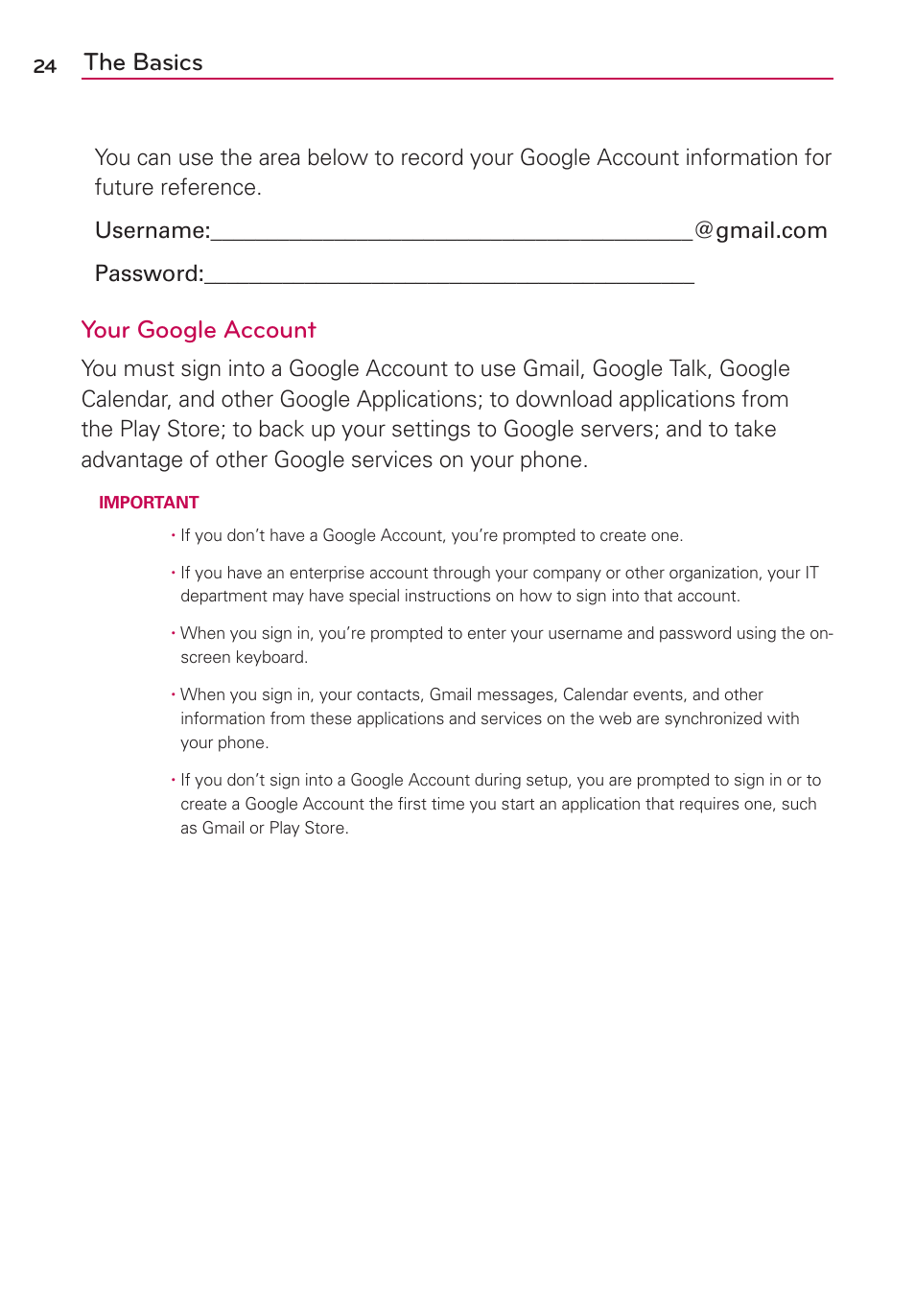 The basics, Your google account | LG VS930 User Manual | Page 26 / 198