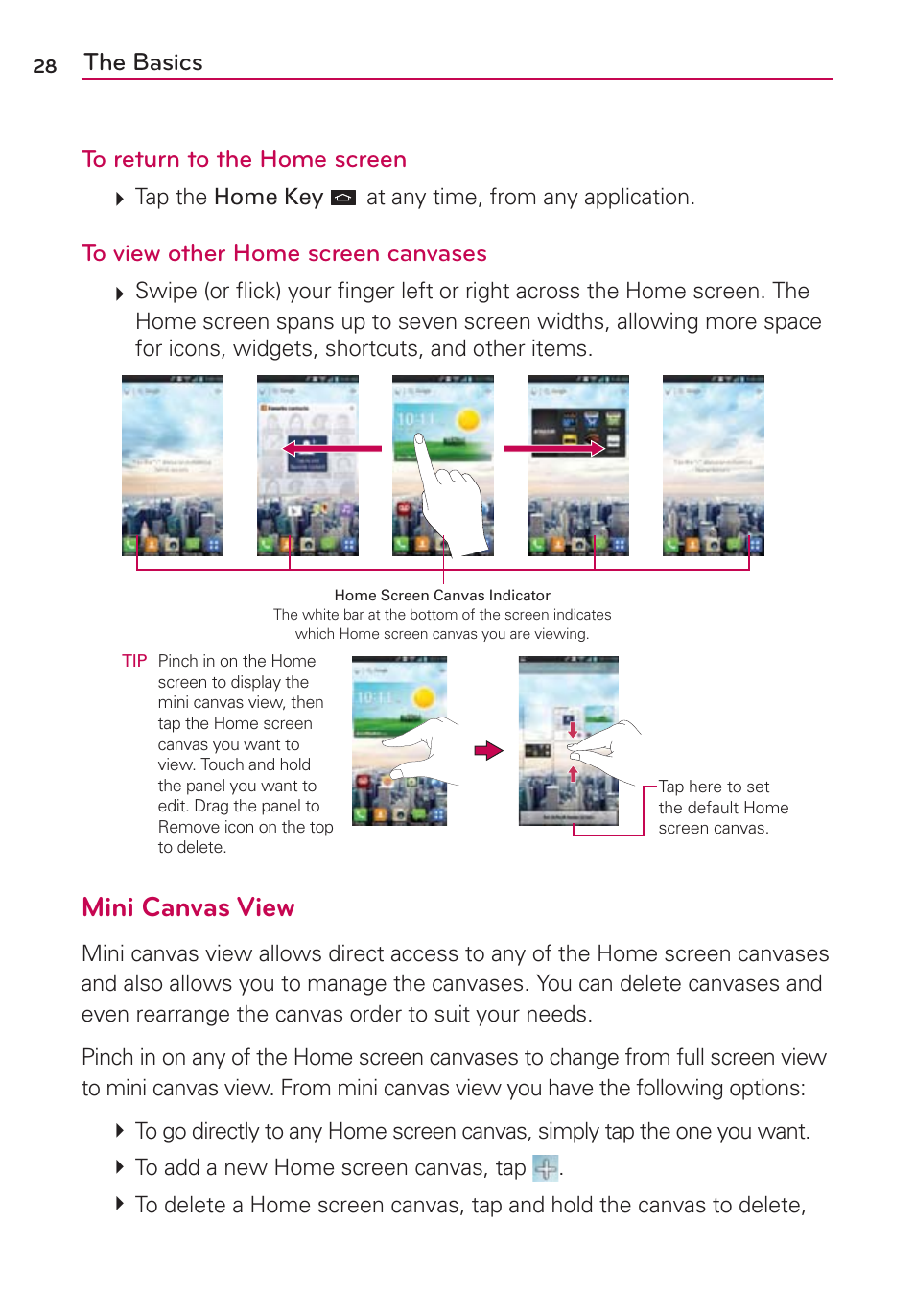 Mini canvas view, The basics to return to the home screen | LG VS930 User Manual | Page 30 / 198