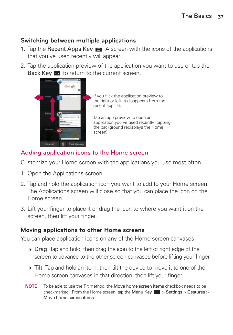 The basics switching between multiple applications, Adding application icons to the home screen, Moving applications to other home screens | LG VS930 User Manual | Page 39 / 198