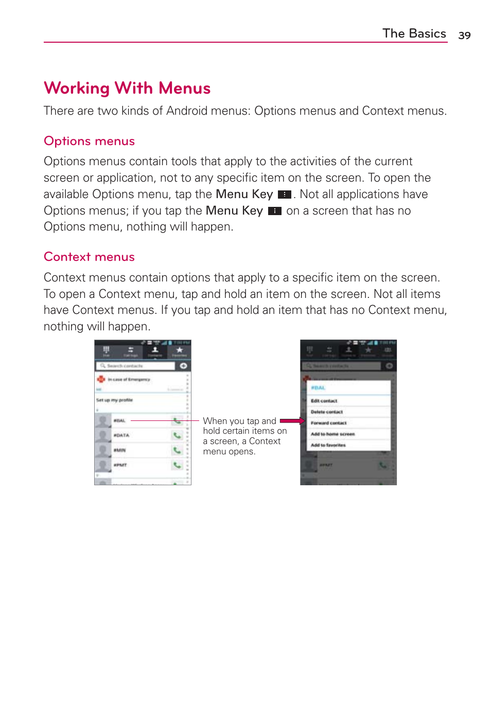 Working with menus | LG VS930 User Manual | Page 41 / 198