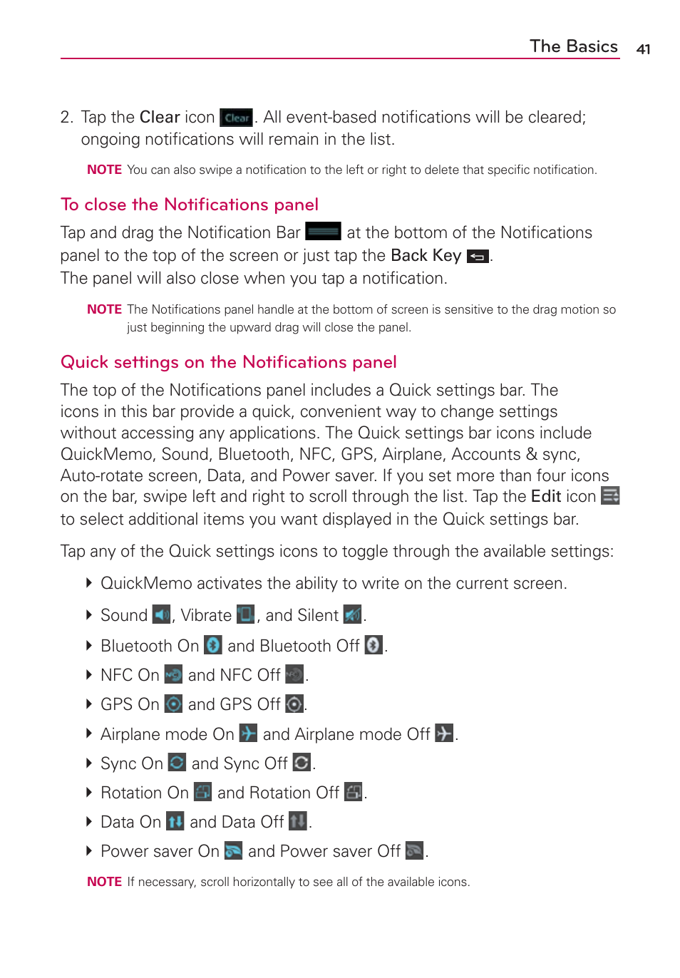 The basics, Quick settings on the notiﬁcations panel | LG VS930 User Manual | Page 43 / 198