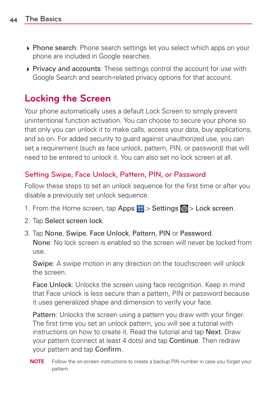 Locking the screen | LG VS930 User Manual | Page 46 / 198