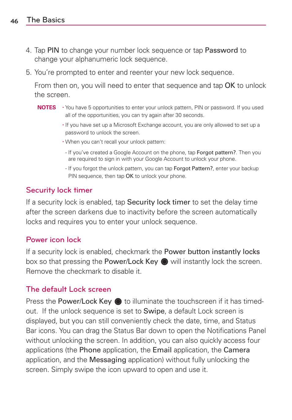 The basics, Security lock timer, Power icon lock | The default lock screen | LG VS930 User Manual | Page 48 / 198