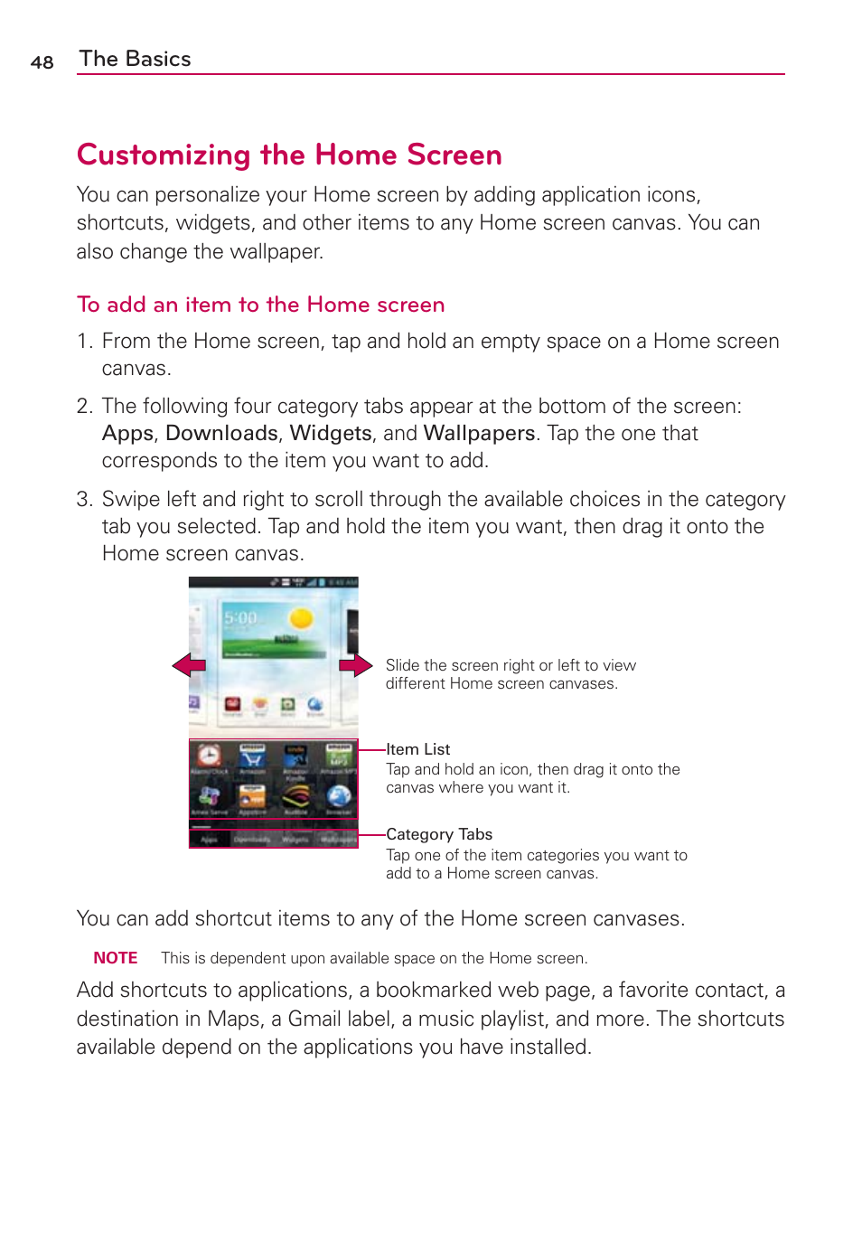 Customizing the home screen, The basics | LG VS930 User Manual | Page 50 / 198