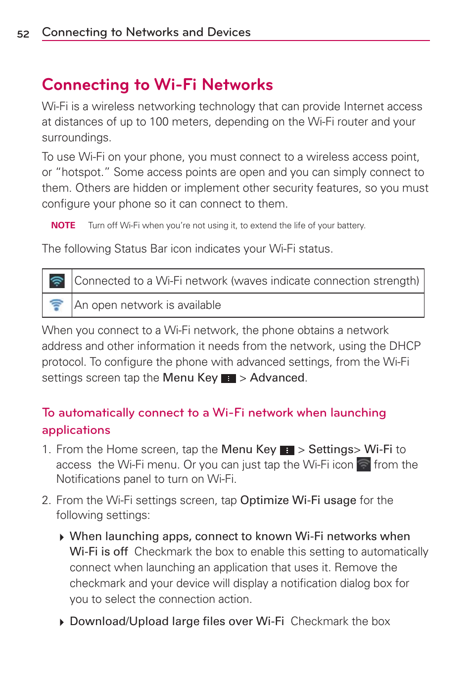 Connecting to networks and devices, Connecting to wi-fi networks | LG VS930 User Manual | Page 54 / 198