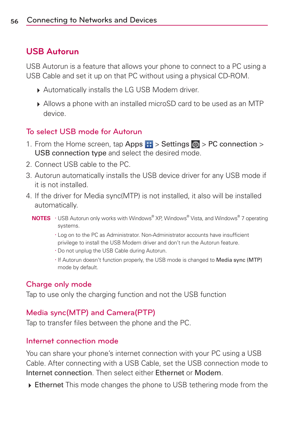 64#"vupsvo, Connecting to networks and devices, Charge only mode | Media sync(mtp) and camera(ptp), Internet connection mode | LG VS930 User Manual | Page 58 / 198