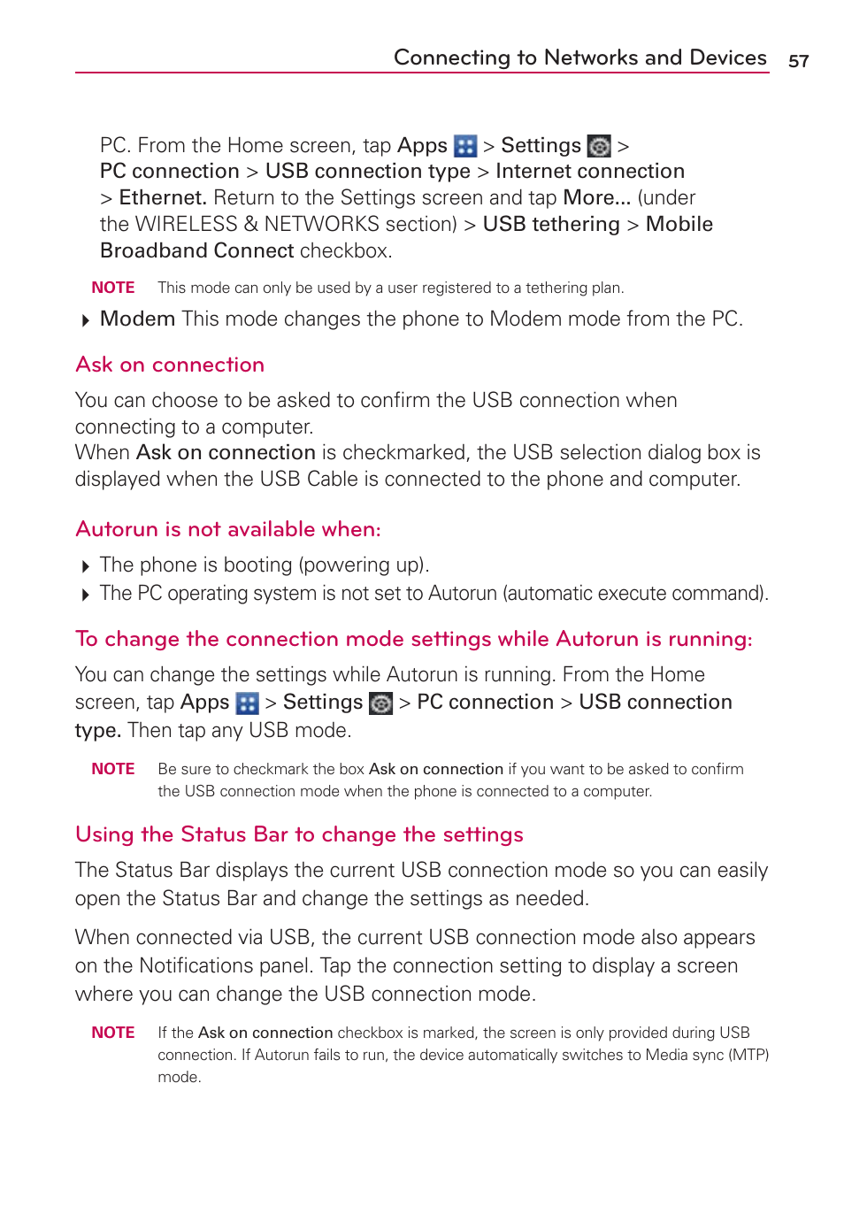 Connecting to networks and devices, Ask on connection, Autorun is not available when | Using the status bar to change the settings | LG VS930 User Manual | Page 59 / 198