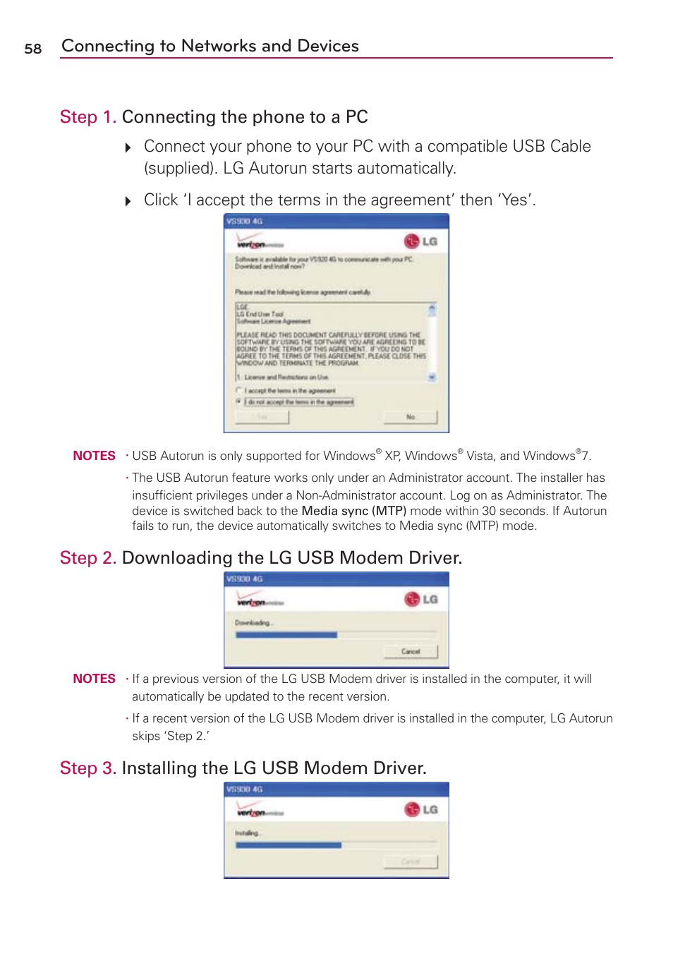Connecting to networks and devices, Step 1. connecting the phone to a pc, Step 2. downloading the lg usb modem driver | Step 3. installing the lg usb modem driver | LG VS930 User Manual | Page 60 / 198