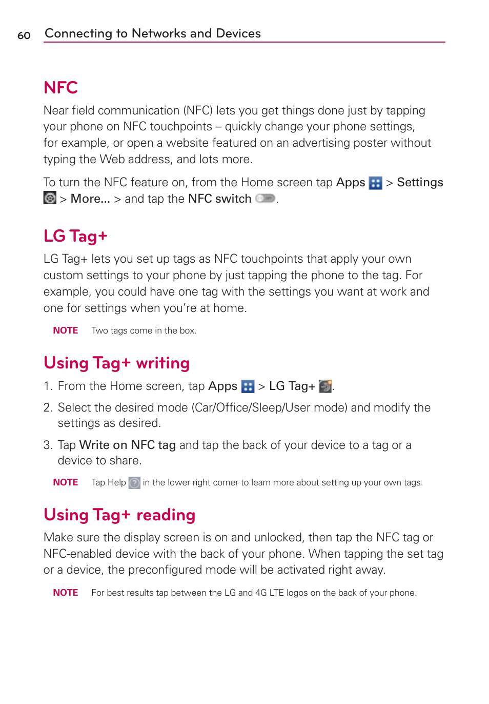 Lg tag, Using tag+ writing, Using tag+ reading | Nfc lg tag+ using tag+ writing using tag+ reading, 6tjoh5bh xsjujoh, 6tjoh5bh sfbejoh | LG VS930 User Manual | Page 62 / 198