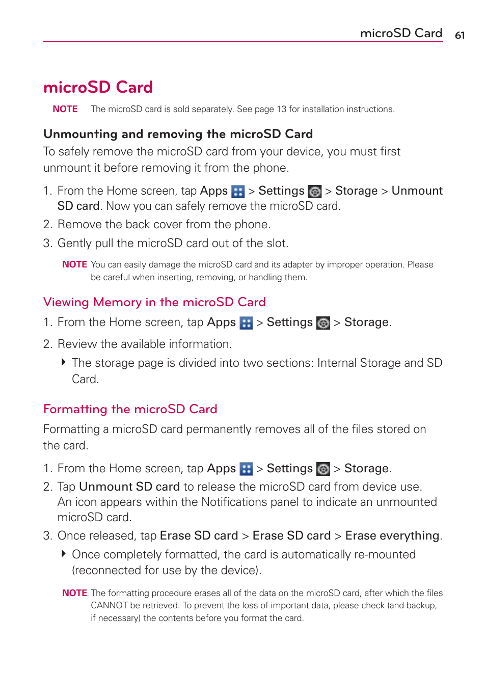 Microsd card, 6onpvoujohboesfnpwjohuifnjdsp4%$bse, Formatting the microsd card | LG VS930 User Manual | Page 63 / 198