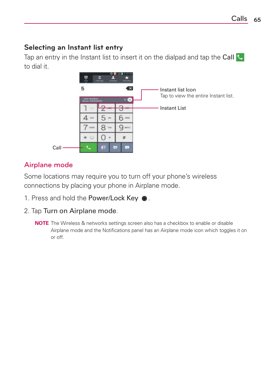 Calls selecting an instant list entry, Airplane mode | LG VS930 User Manual | Page 67 / 198