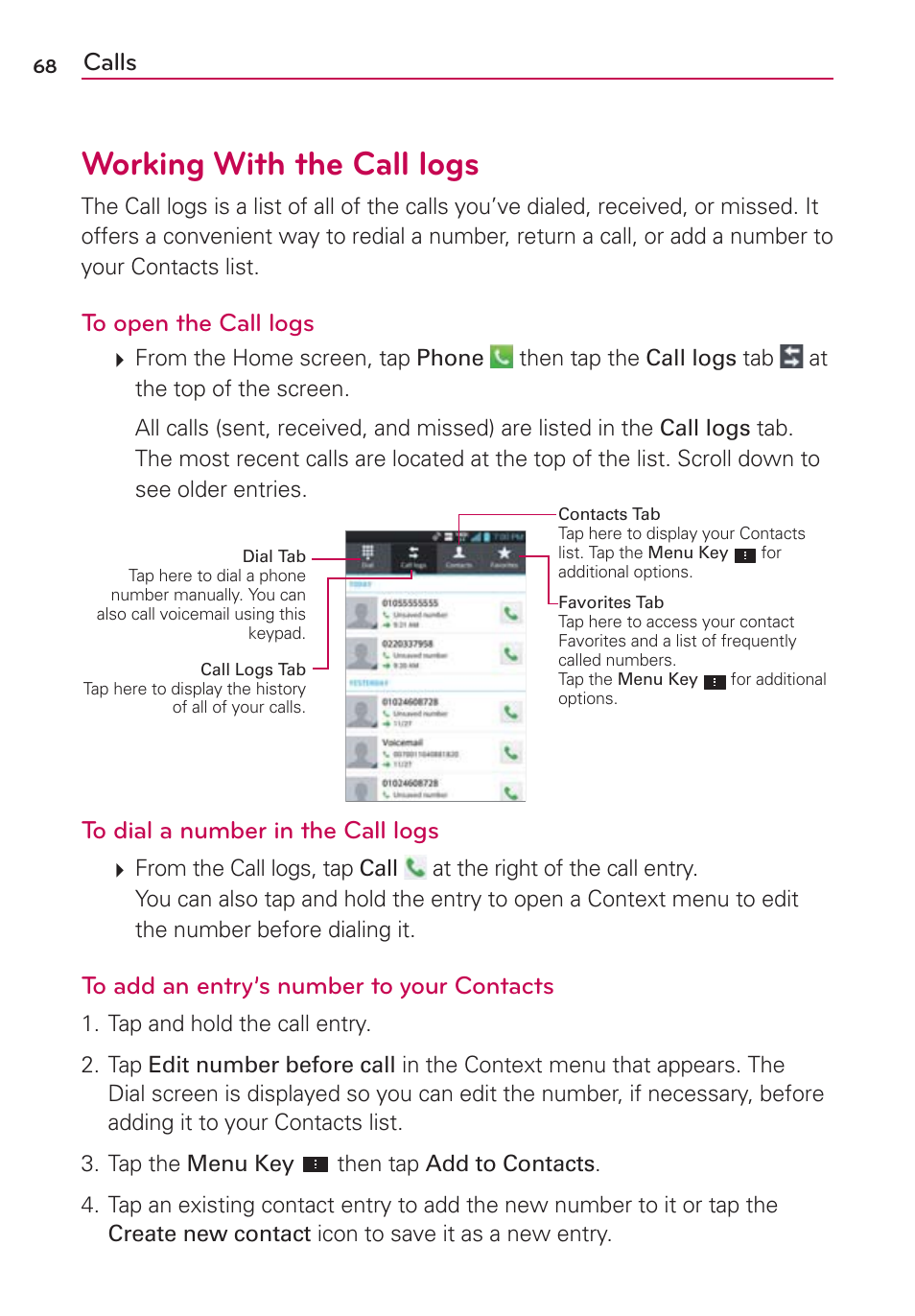 Working with the call logs, Calls | LG VS930 User Manual | Page 70 / 198