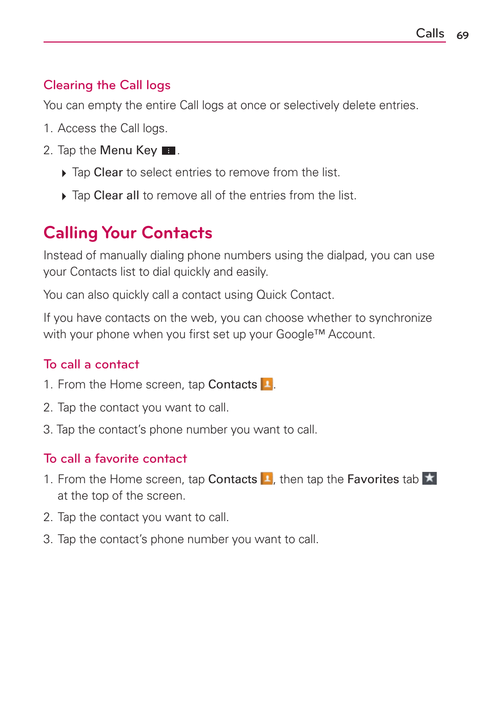 Calling your contacts, Bmmjoh:pvs$poubdut | LG VS930 User Manual | Page 71 / 198