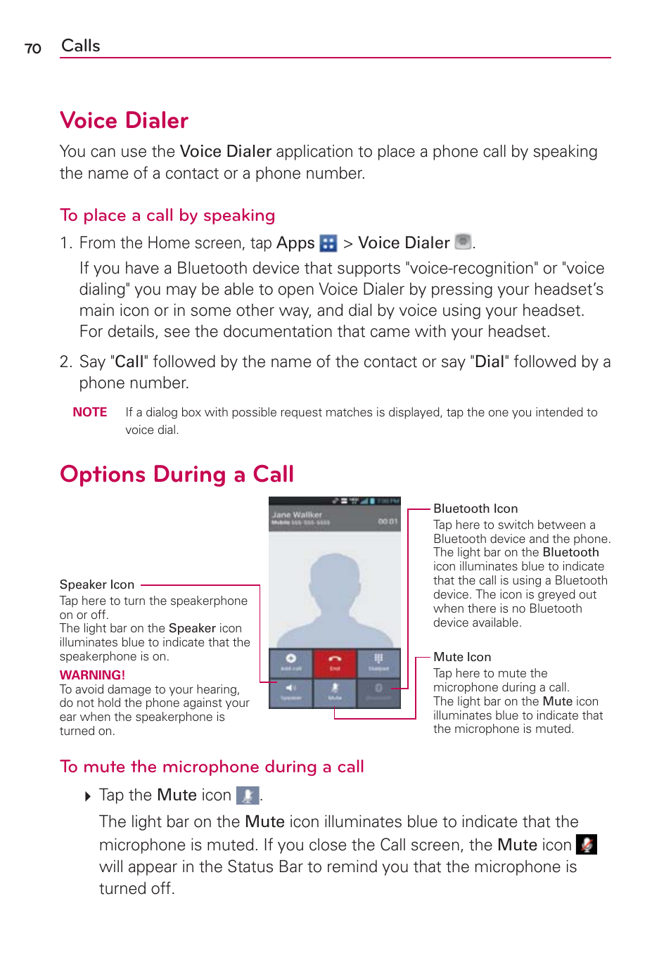 Voice dialer, Options during a call, Voice dialer options during a call | Calls | LG VS930 User Manual | Page 72 / 198