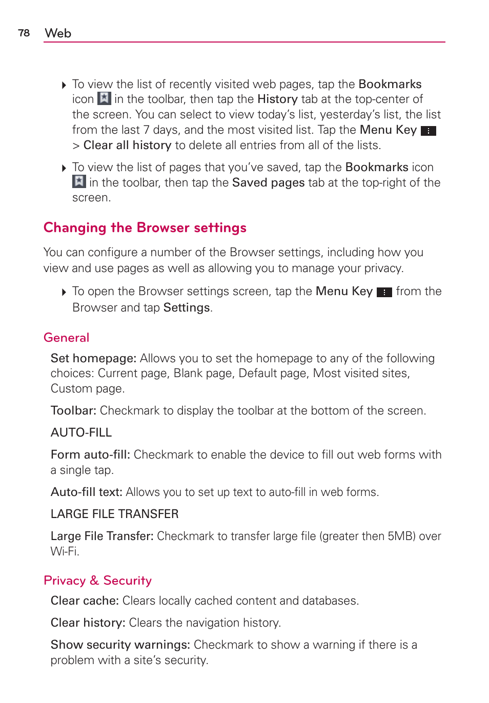 Changing the browser settings | LG VS930 User Manual | Page 80 / 198