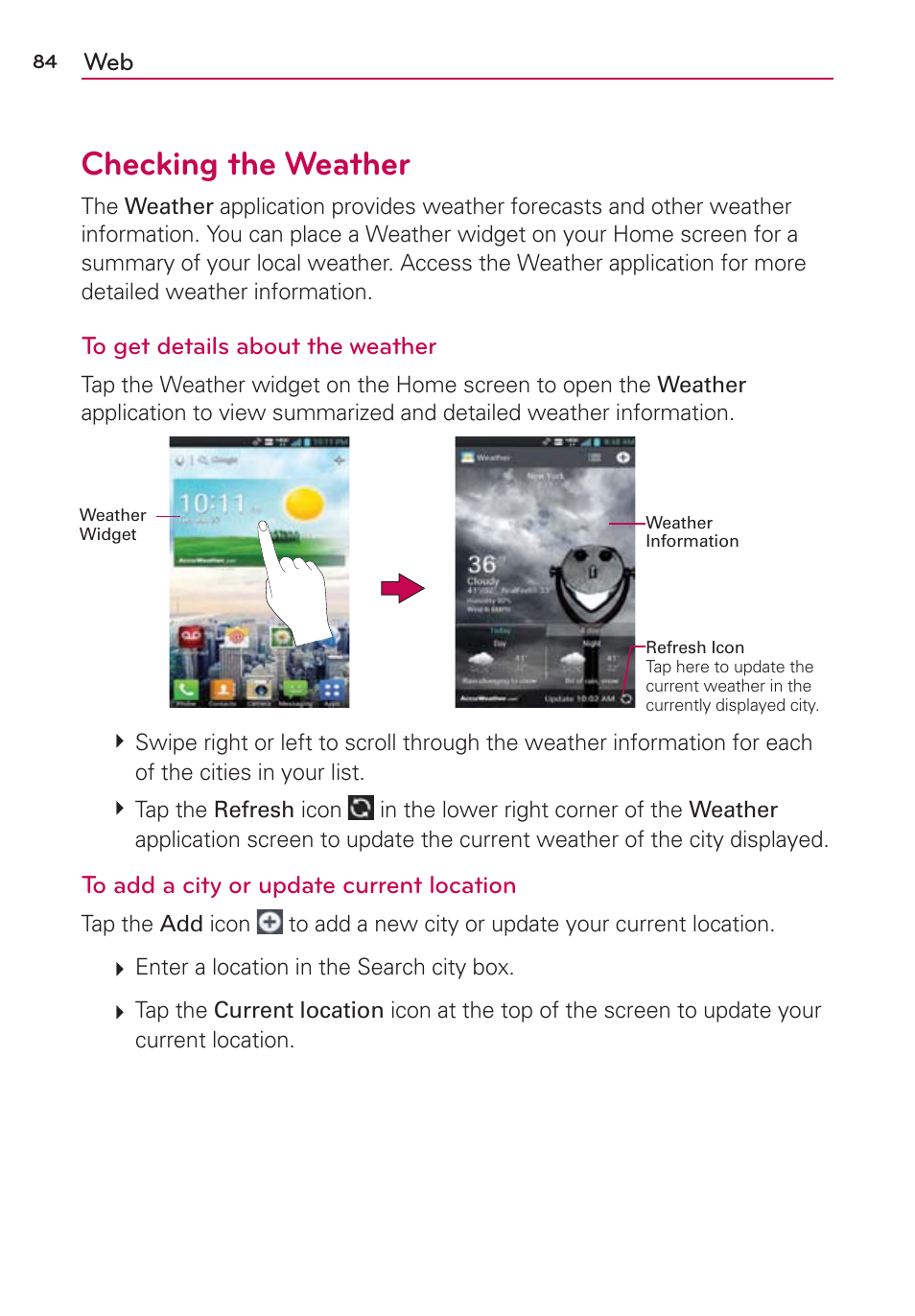 Checking the weather | LG VS930 User Manual | Page 86 / 198