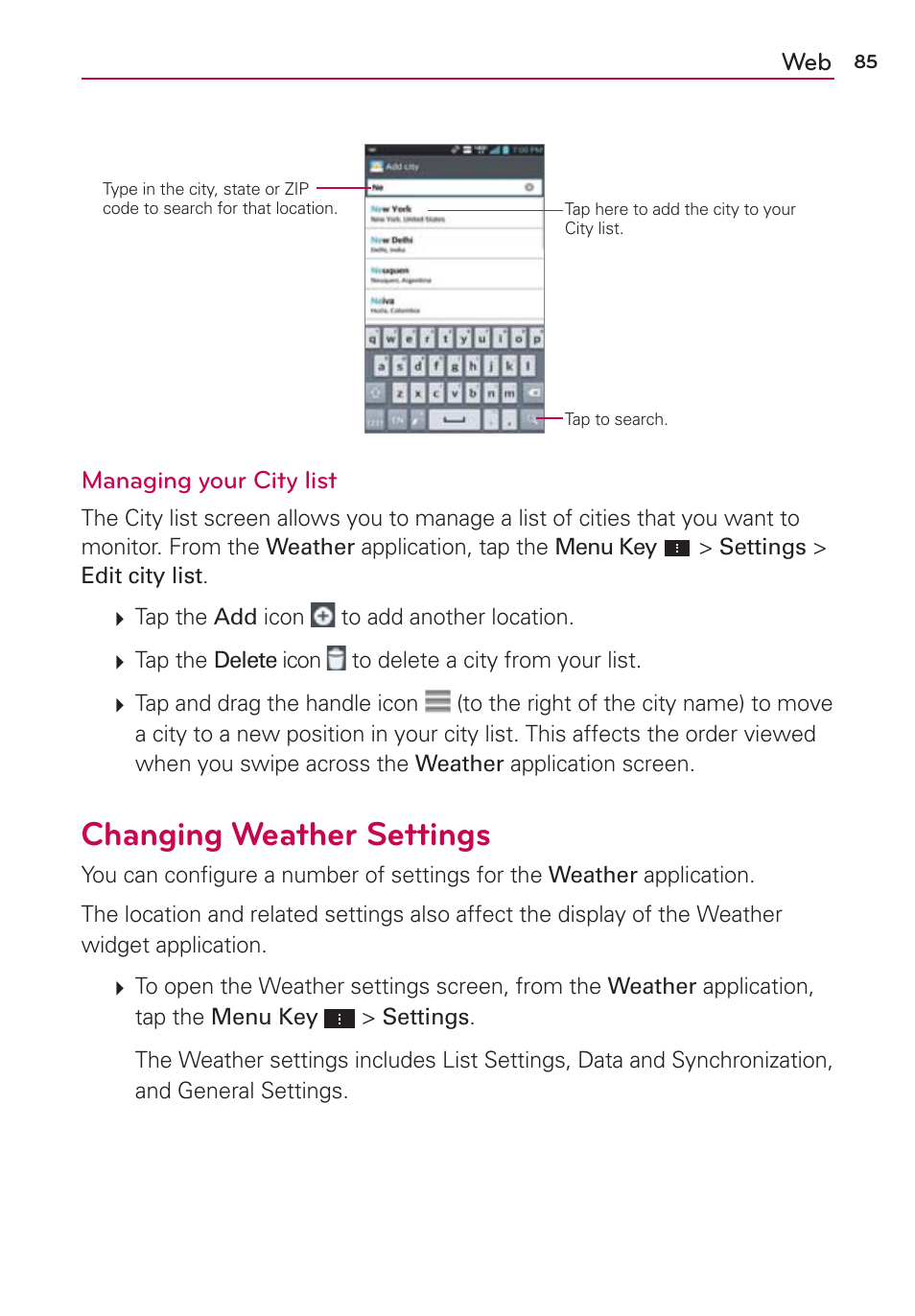 Changing weather settings | LG VS930 User Manual | Page 87 / 198